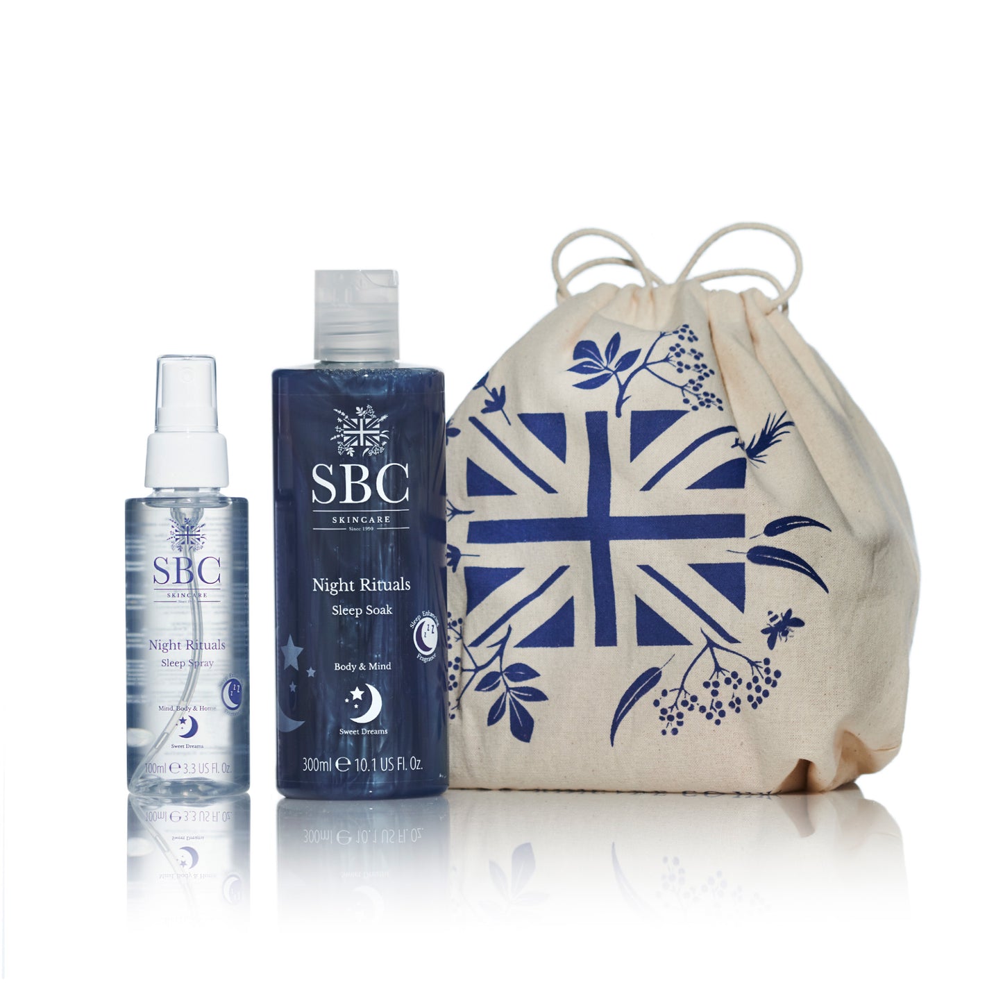 SBC Skincare's Night Rituals Sleep Soak and Spray with cotton bag on a white background