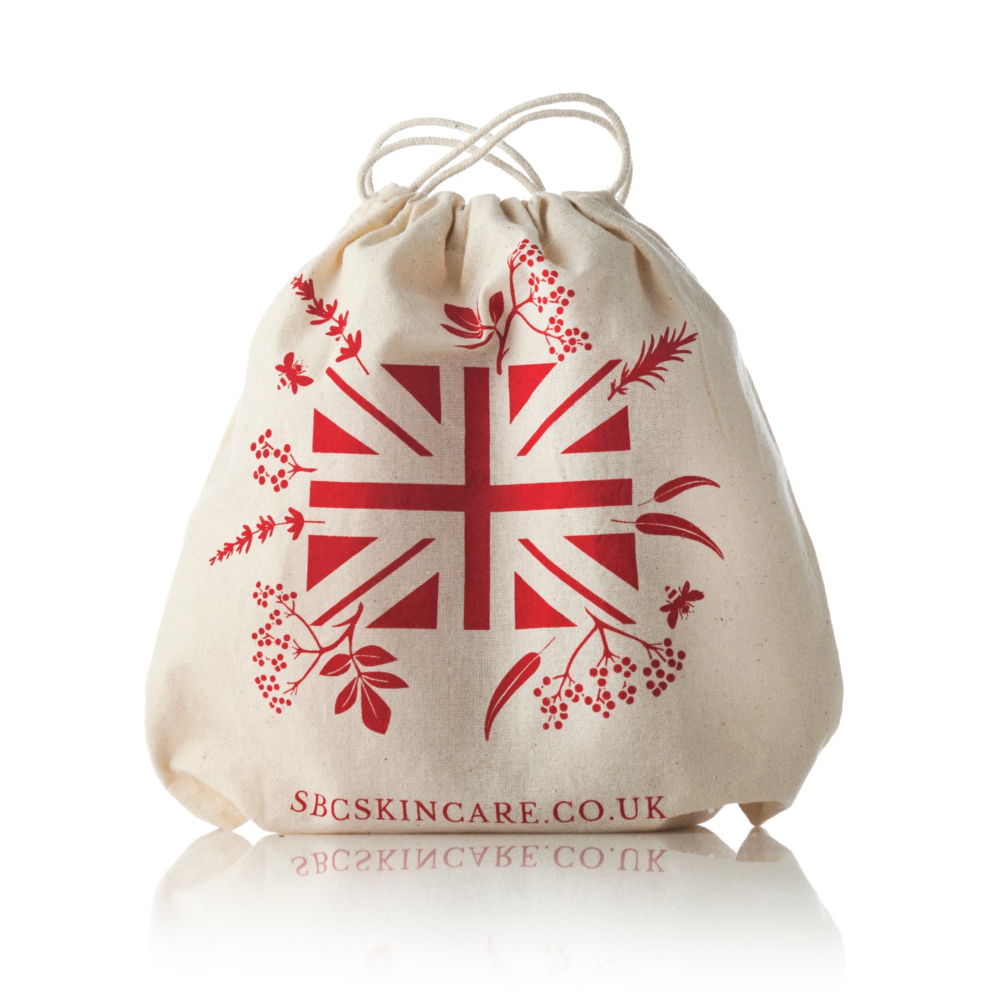 Organic cotton bag with berry red botanical flag on a white background