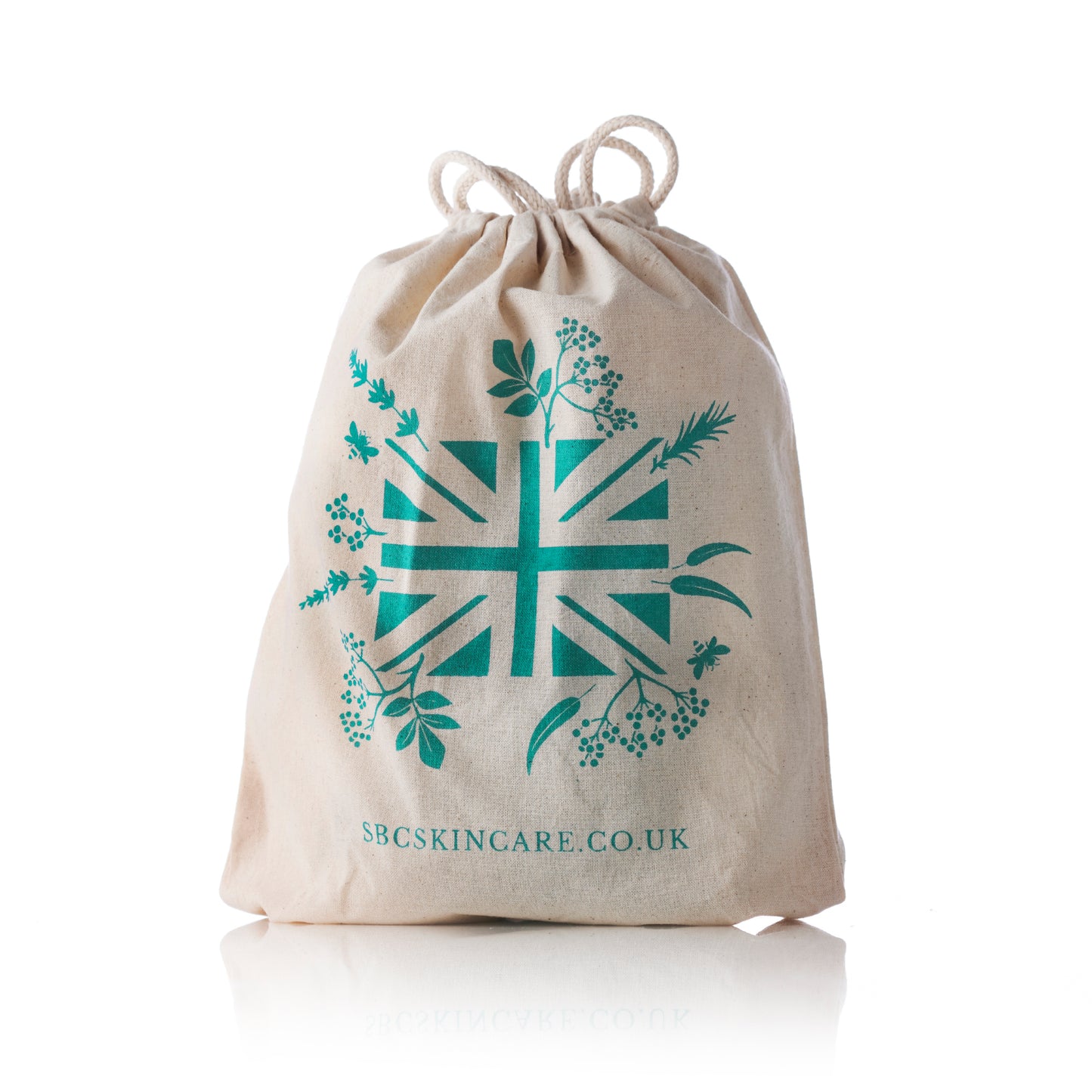 organic cotton gift bag with a teal botanical flag on a white background