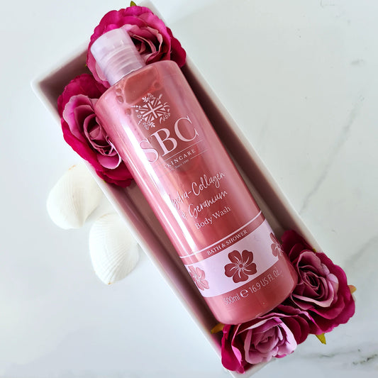 500ml Hydra-Collagen & Geranium Body Wash with roses and shells