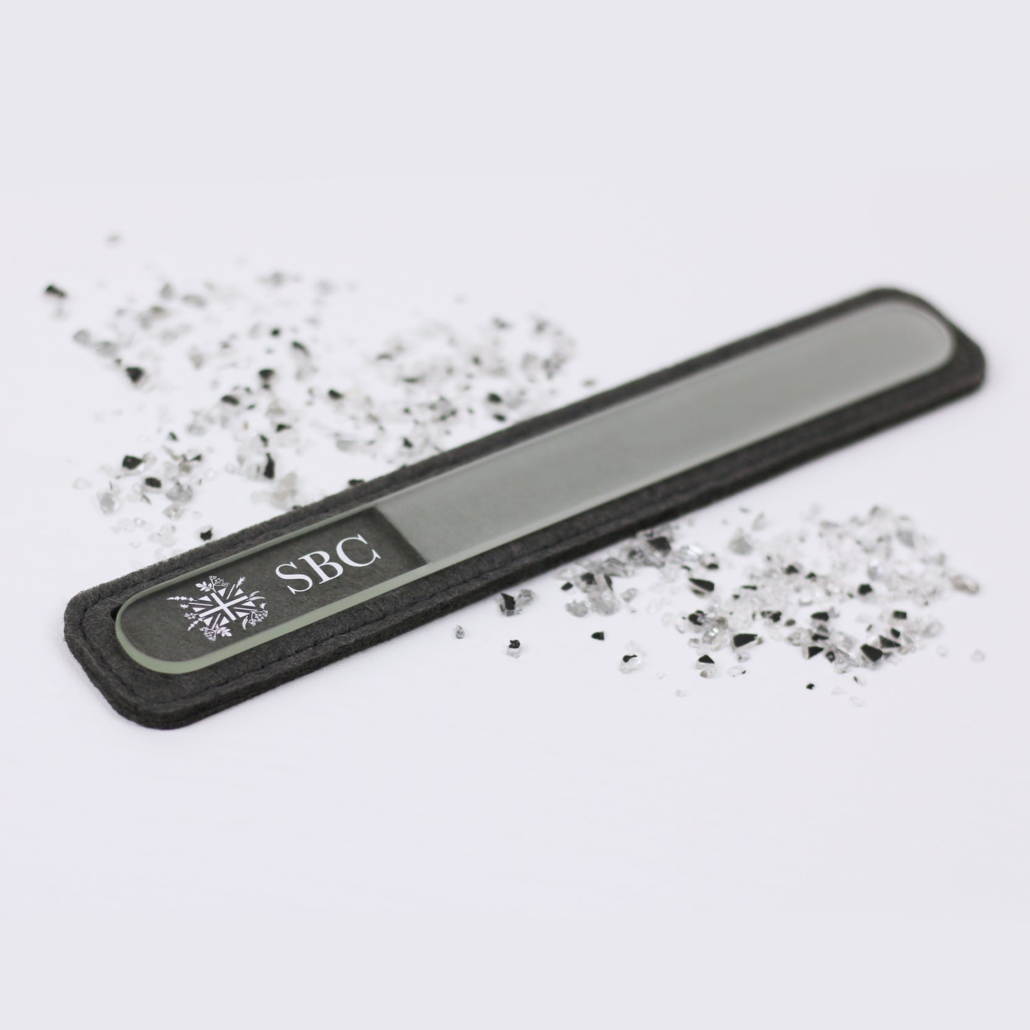 Crystal Nail File on a white background with silver sparkles
