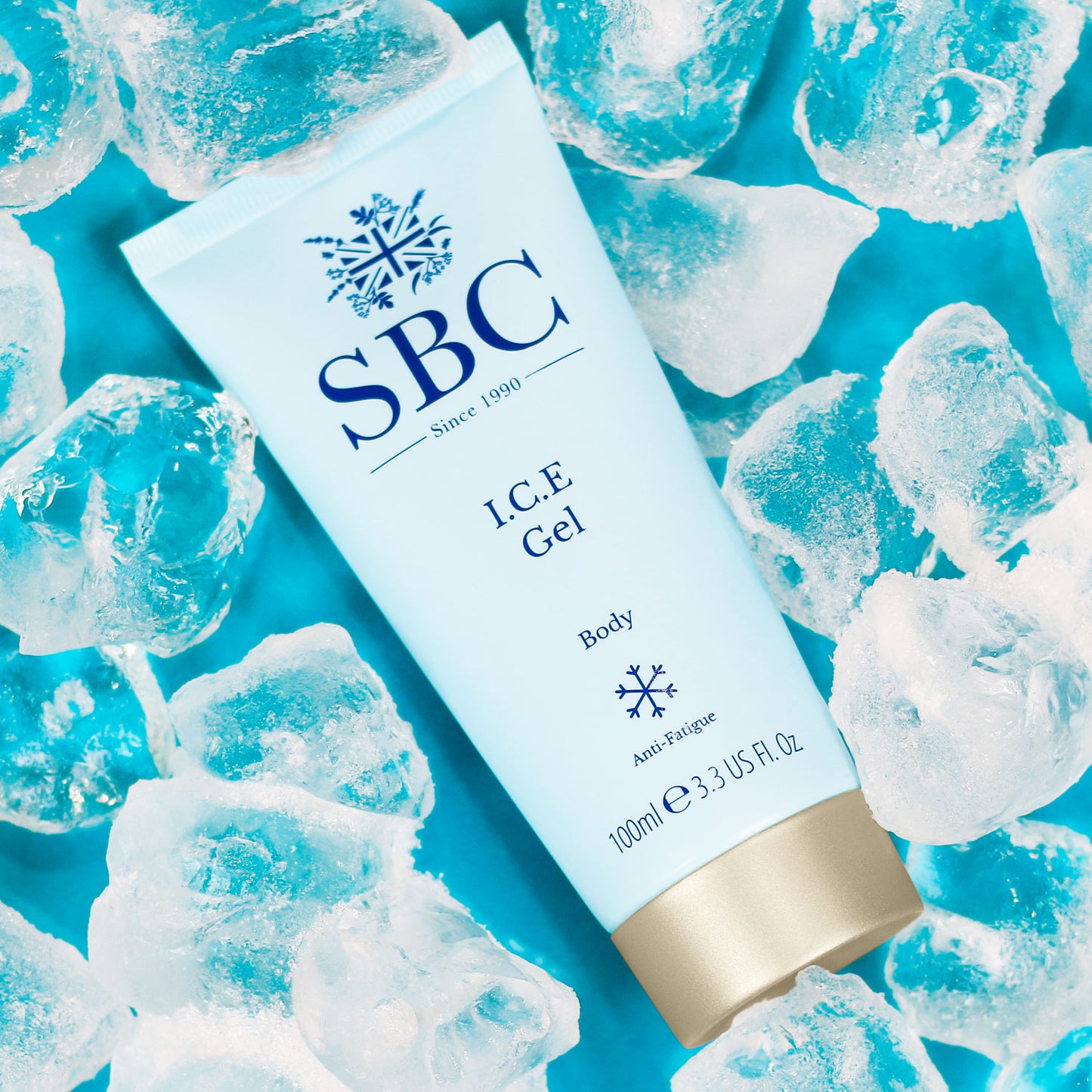 I.C.E Gel on a blue surface surrounded by ice cubes