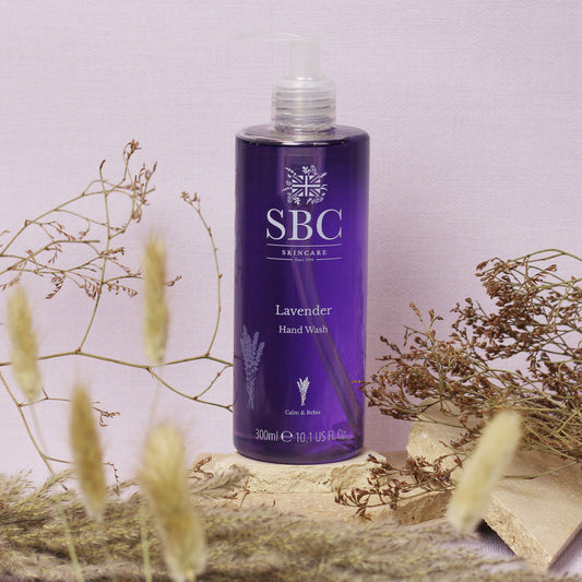 Lavender Hand Wash surrounded by dried flowers