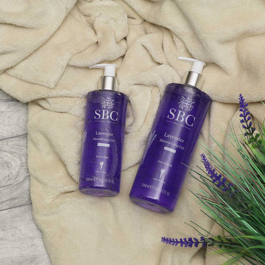 300ml and 500ml Lavender Moisturising Gel on a fussy beige blanket