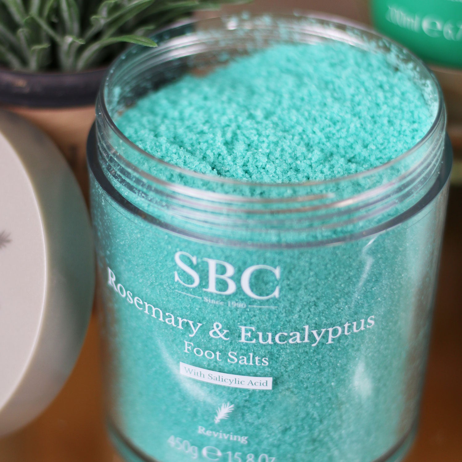 Rosemary & Eucalyptus Foot Salts with its lid off close up