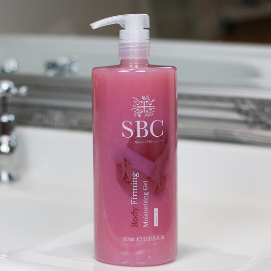 1l Body Firming Moisturising Gel on a bathroom sink