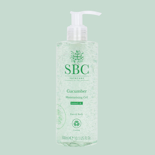SBC Skincare's Cucumber Moisturising Gel on a pale green background