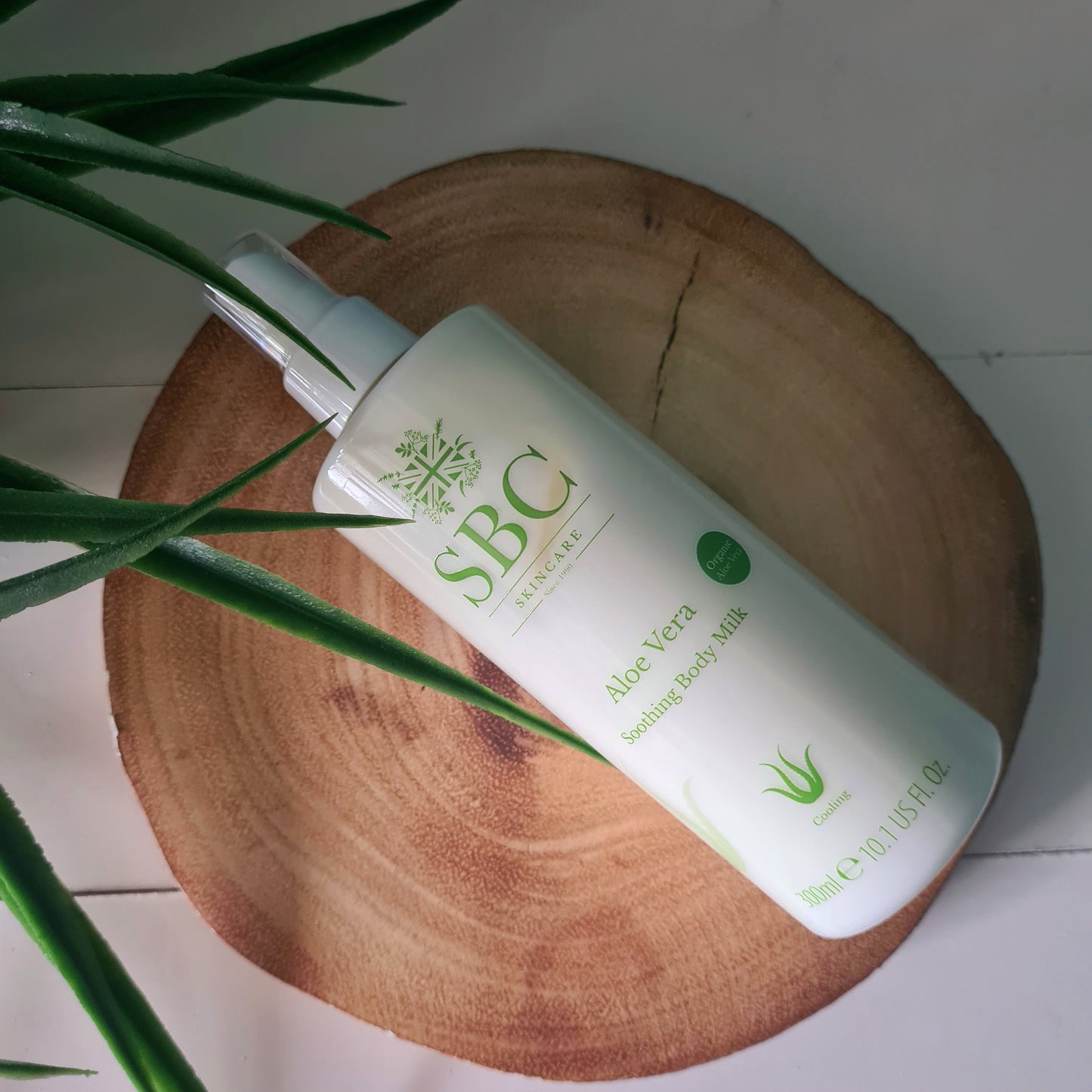 300ml Aloe Vera Body Milk on a wooden slice