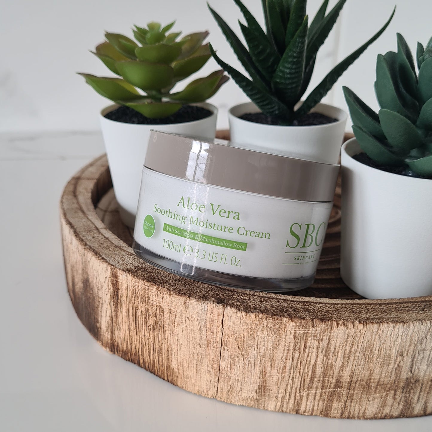Aloe Vera Soothing Moisture Cream 100ml with succulent plans on a wooden tray 