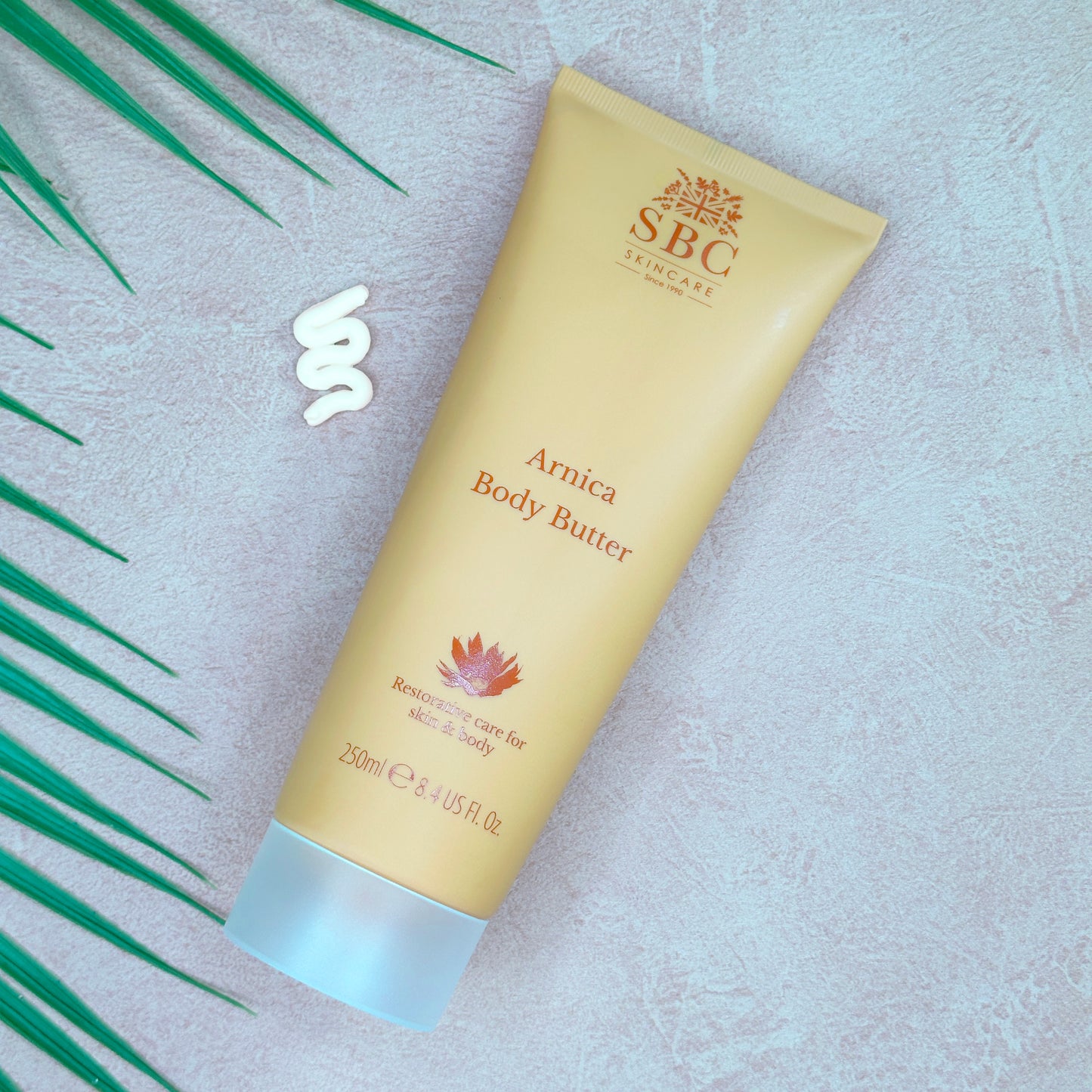 SBC Arnica Body Butter tube on a light background with green leaves
