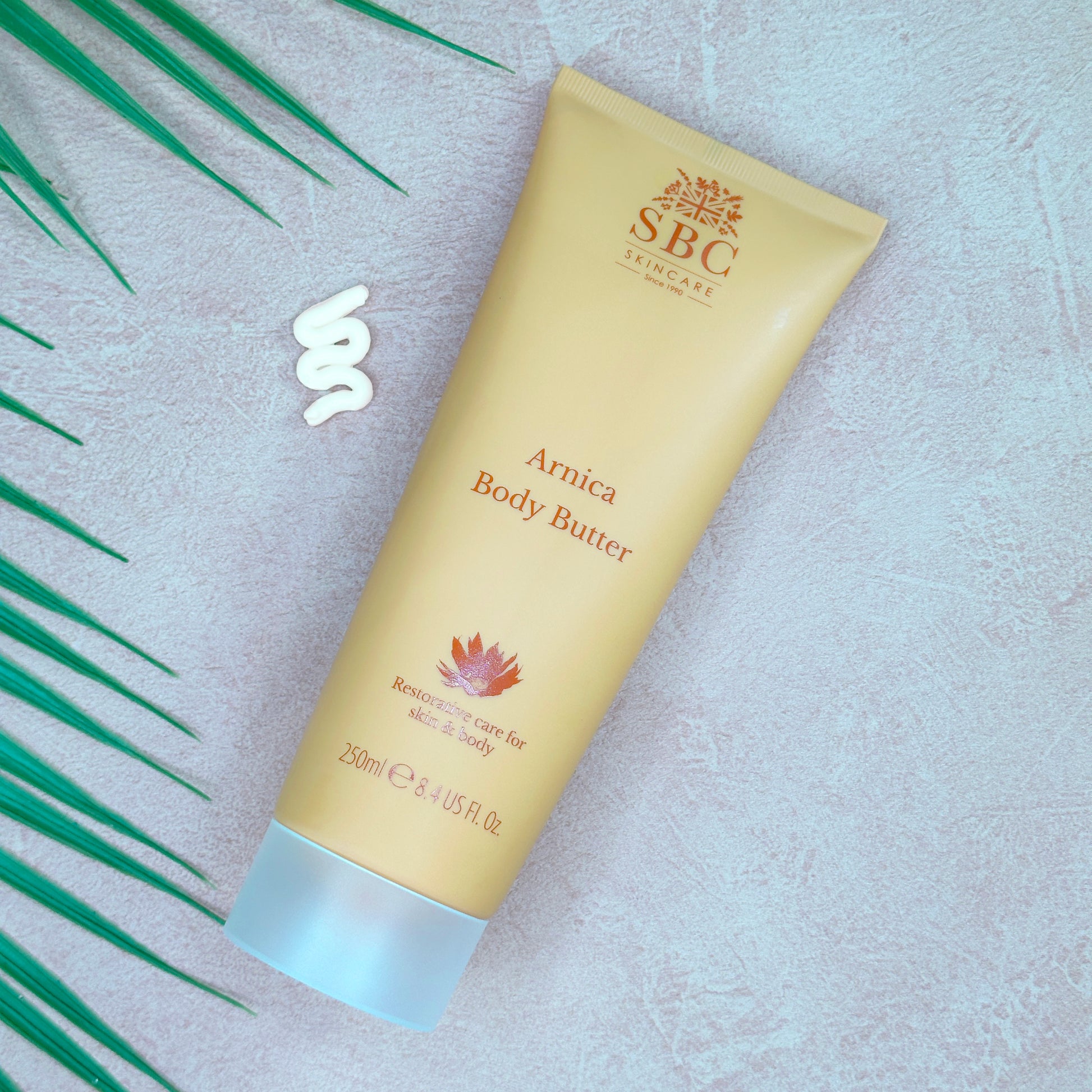 SBC Arnica Body Butter tube on a light background with green leaves