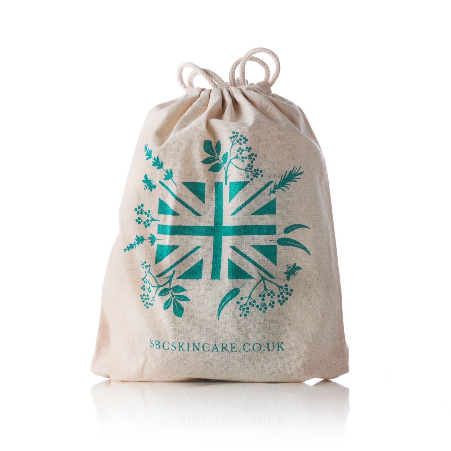 organic cotton gift bag with a teal botanical flag on a white background 