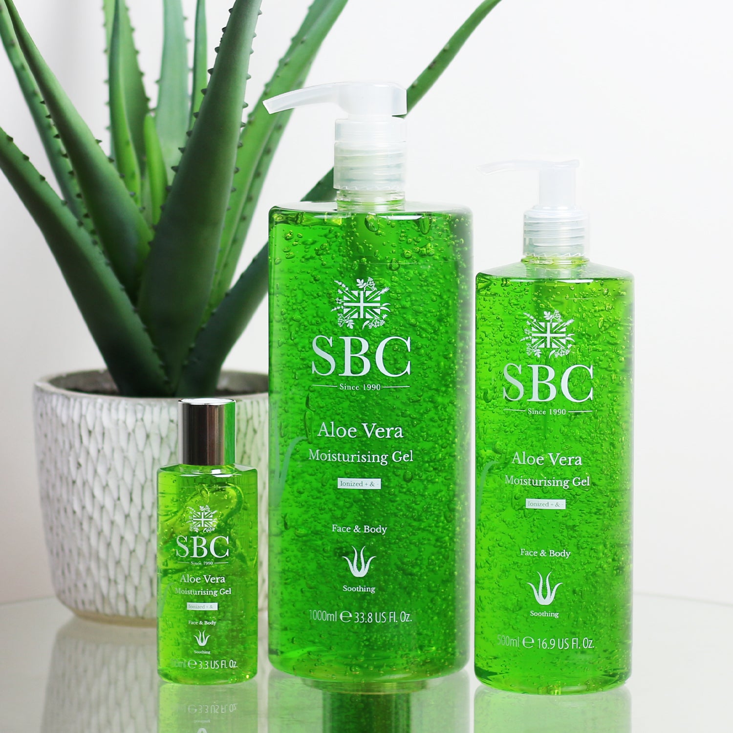 SBC Skincare Aloe Vera Gel three sizes with an Aloe Vera plant