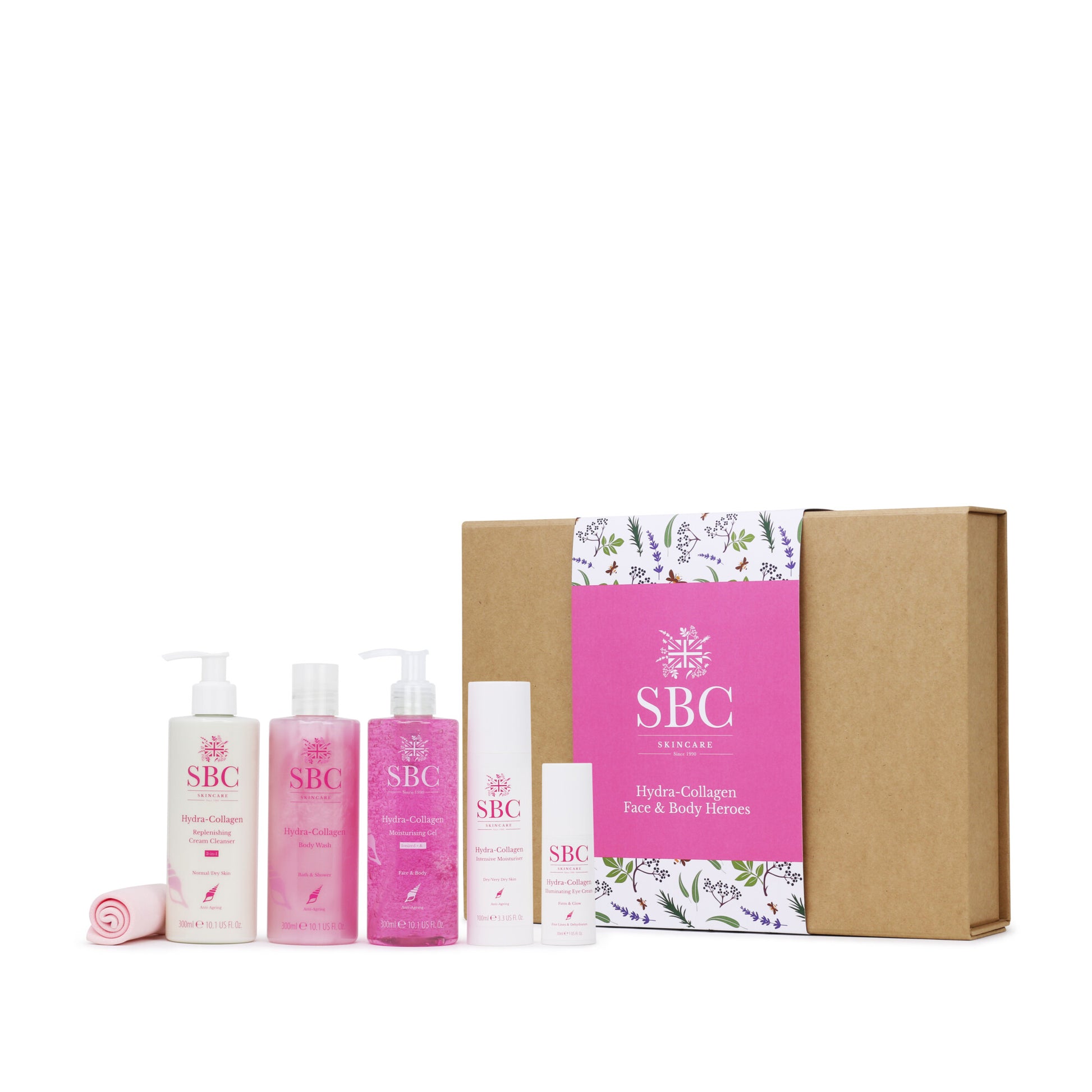 SBC Skincare’s Hydra-Collagen Face & Body Heroes gift set on a white background 