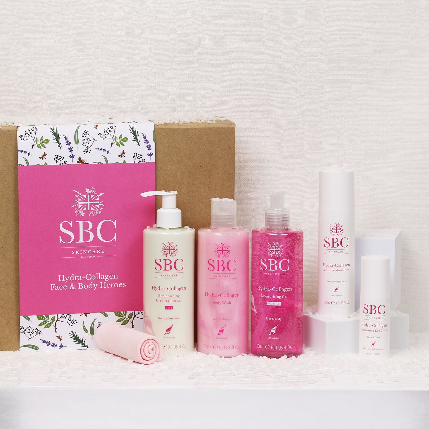 SBC Skincare’s Hydra-Collagen Face & Body Heroes gift set with the products out on a white background 