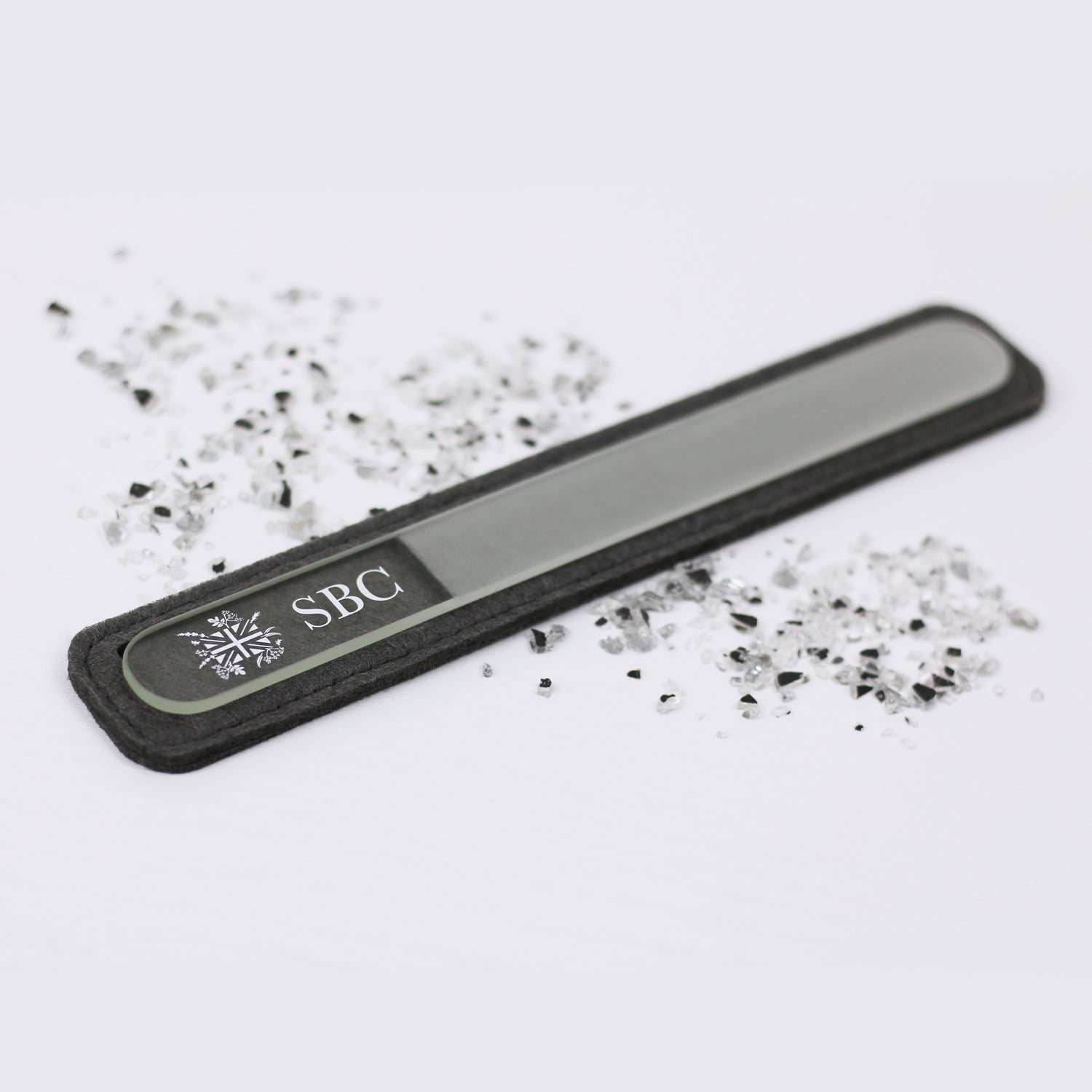 Crystal Nail File on a white background with silver sparkles 