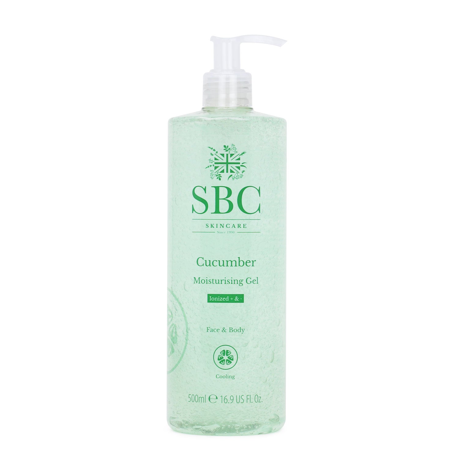 SBC Skincare's Cucumber Moisturising Gel  500ml on a white background 