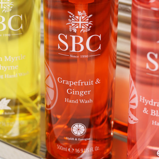 Close up of SBC Skincare's Grapefruit & Ginger Hand wash 