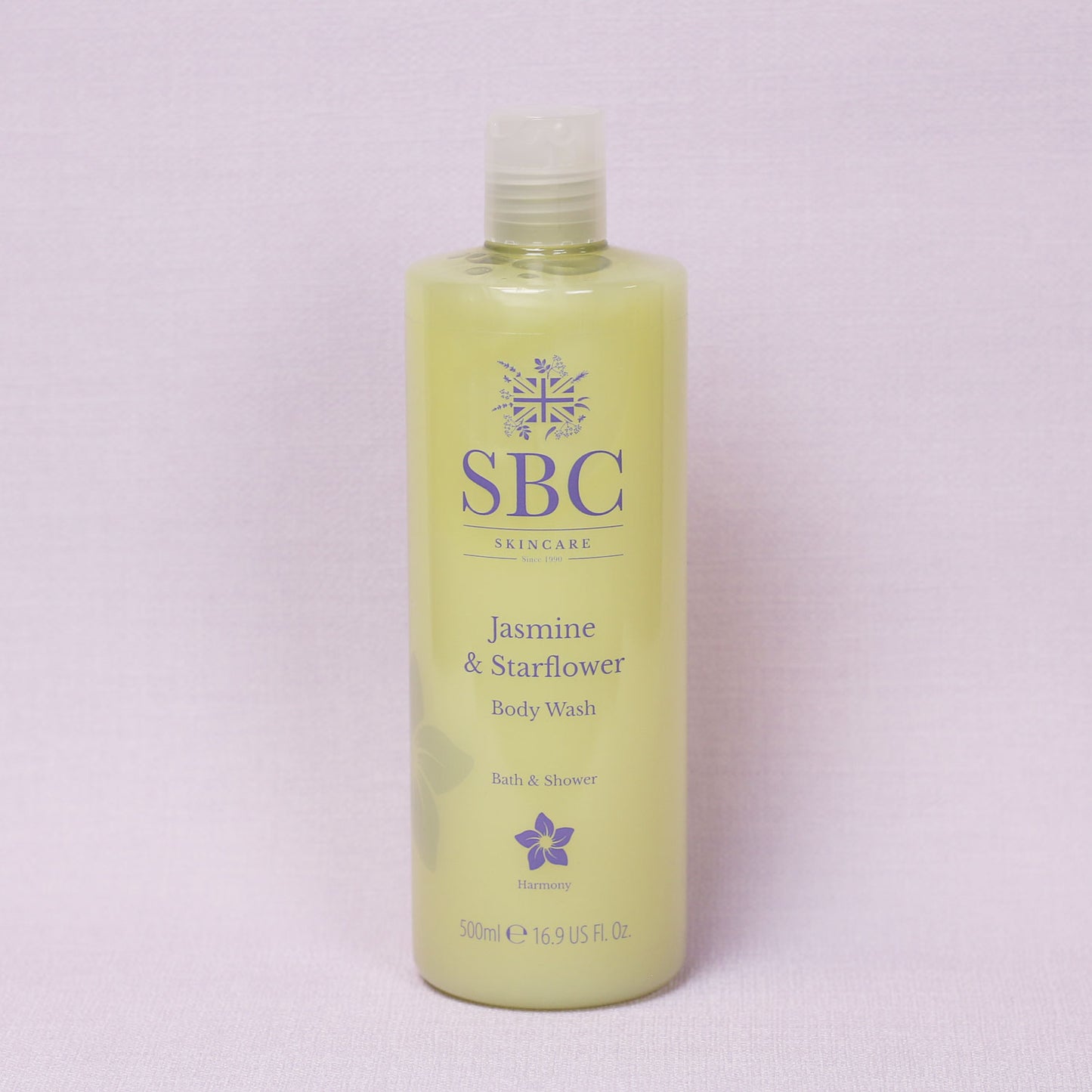 500ml Jasmine & Starflower Body Wash on a lilac background