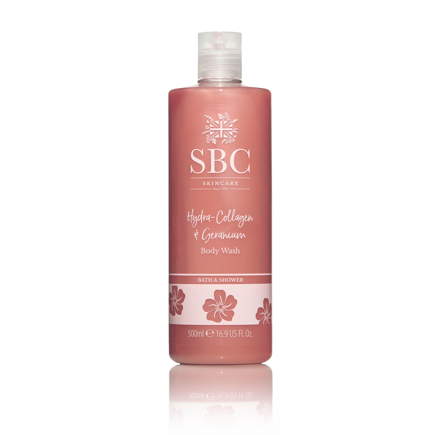 SBC Skincare's Hydra-Collagen & Geranium Body Wash on a white background 