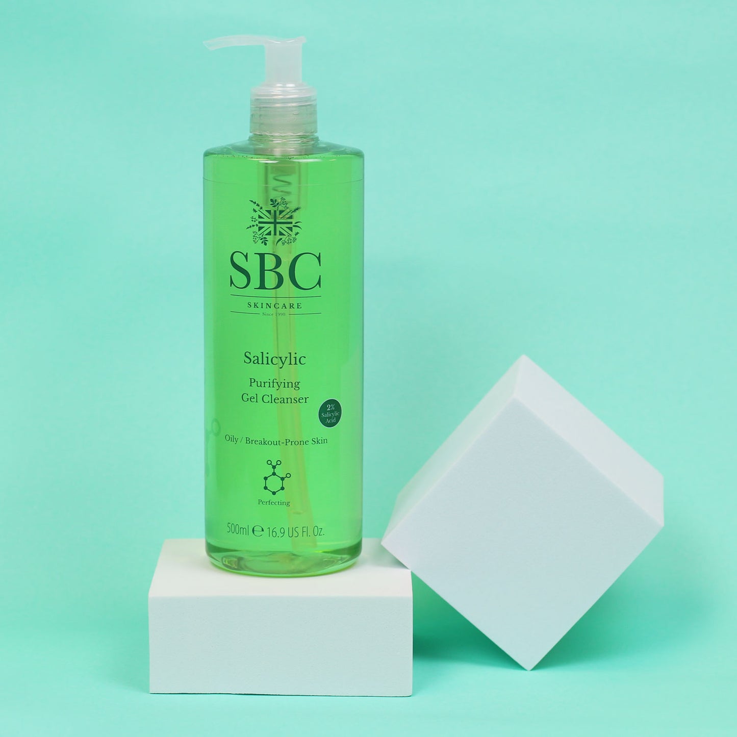 Salicylic Purifying Cleanser on white blocks with a blue background 