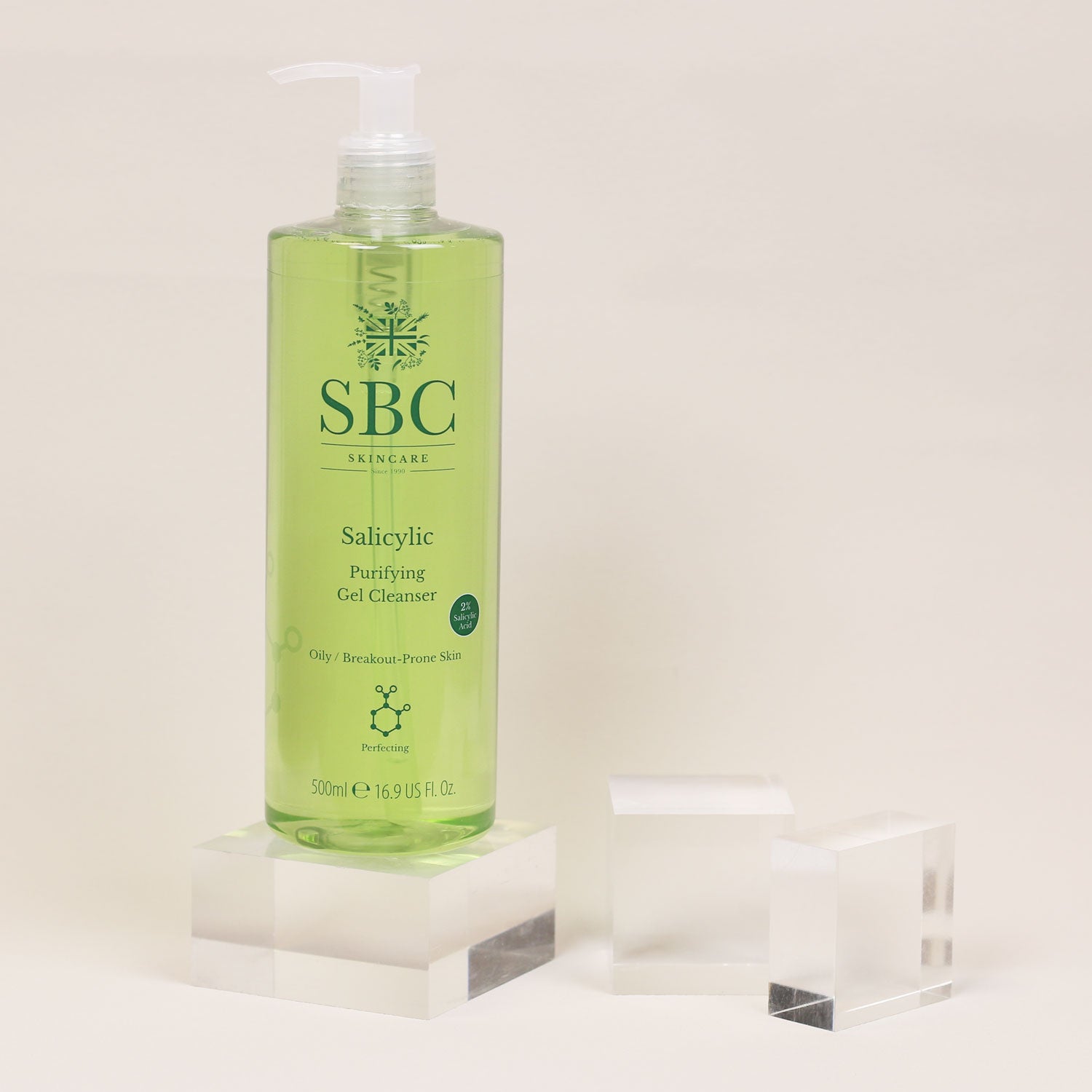 Salicylic Purifying Cleanser on clear blocks with a white background 