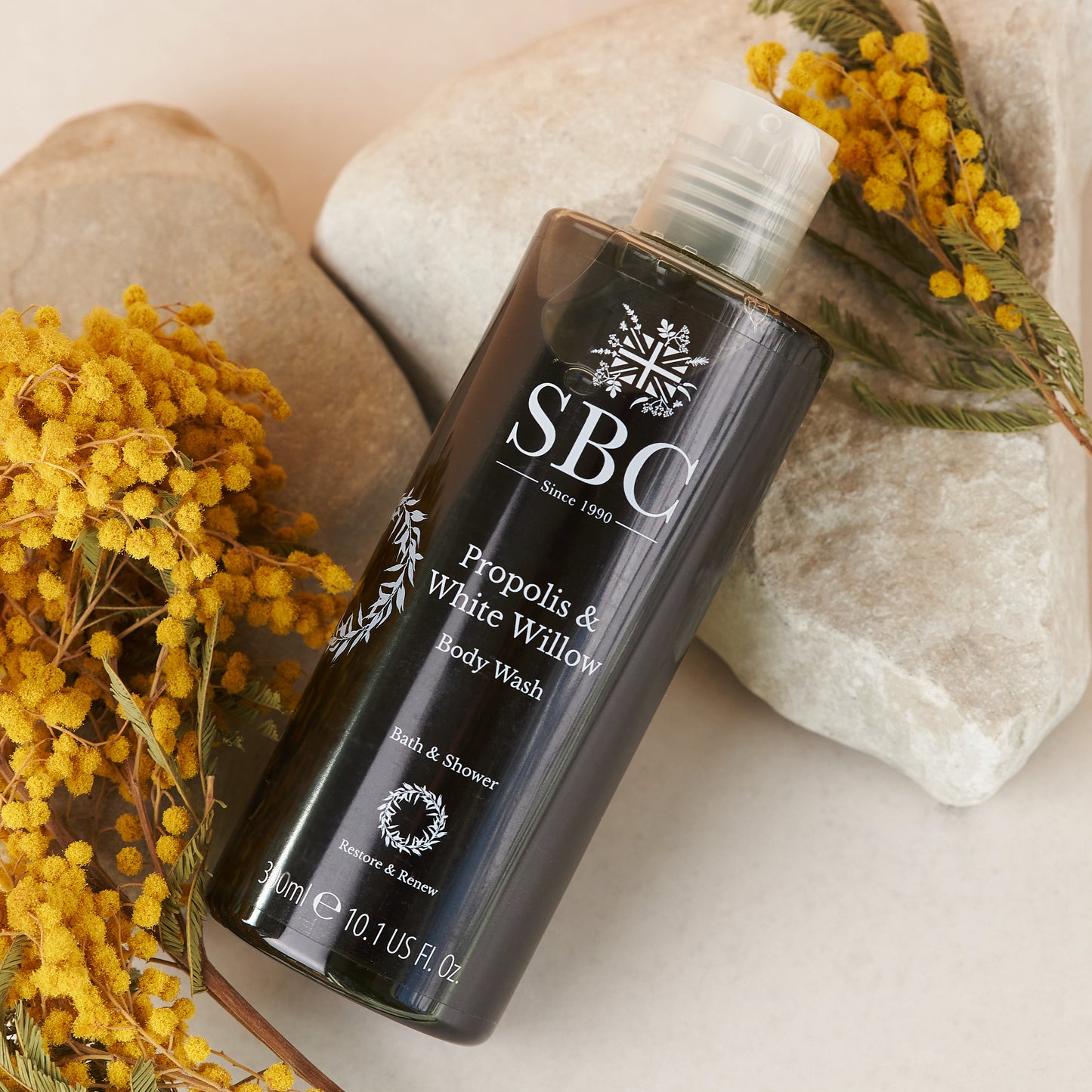 Propolis & White Willow Body Wash on sand stone with dried flowers 