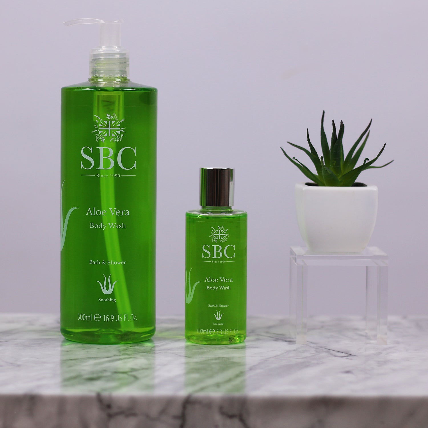 SBC Skincare Aloe Vera Body Wash duo with an Aloe Vera plant