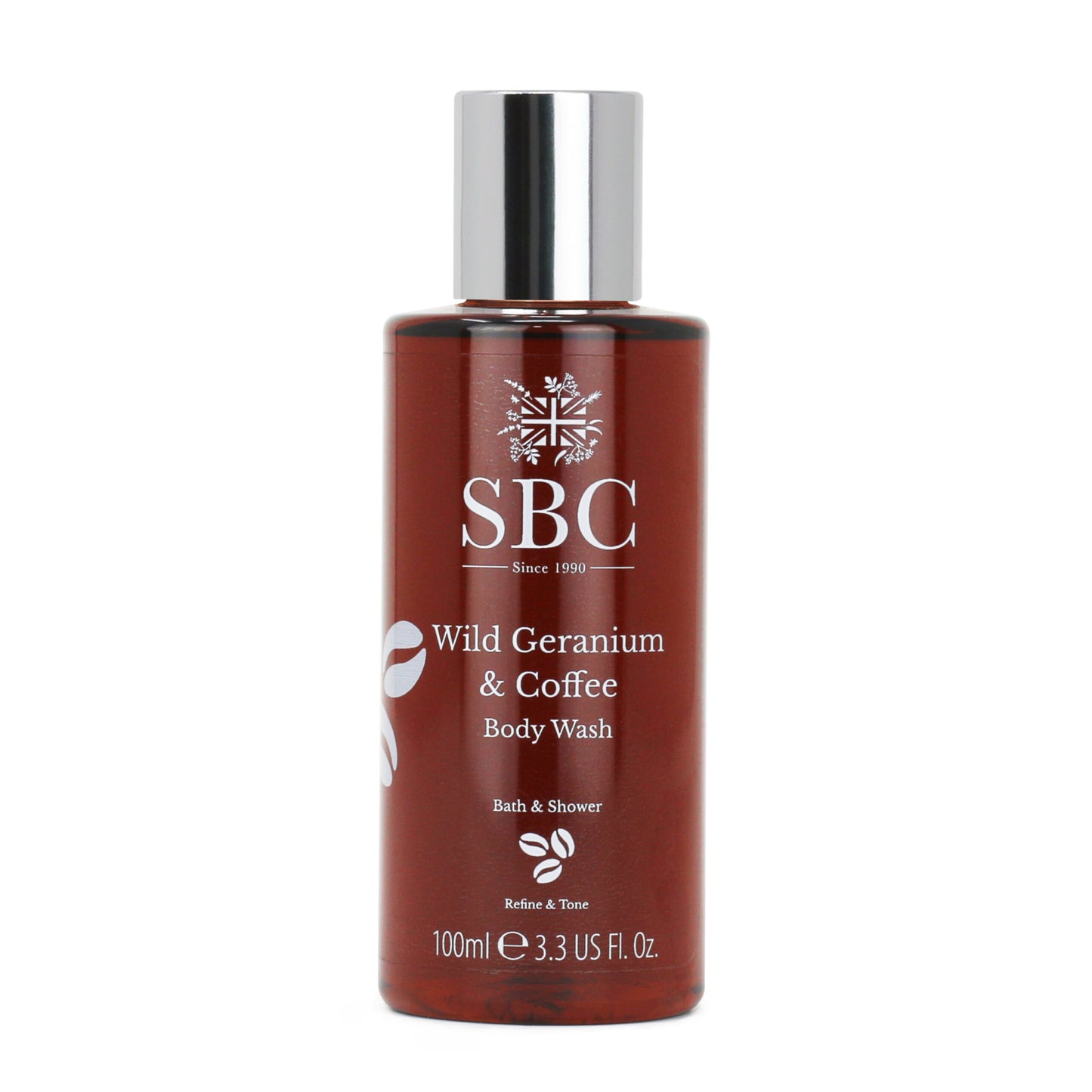 100ml Wild Geranium & Coffee Body Wash on a white background