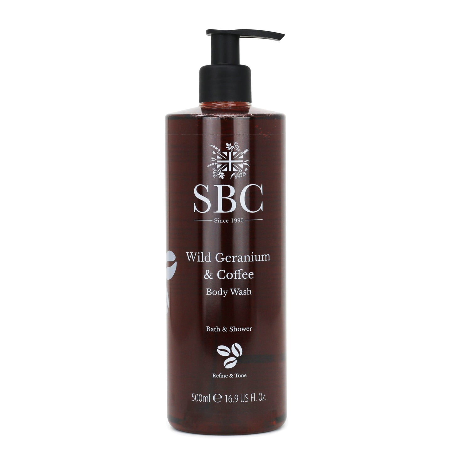 500ml Wild Geranium & Coffee Body Wash on a white background