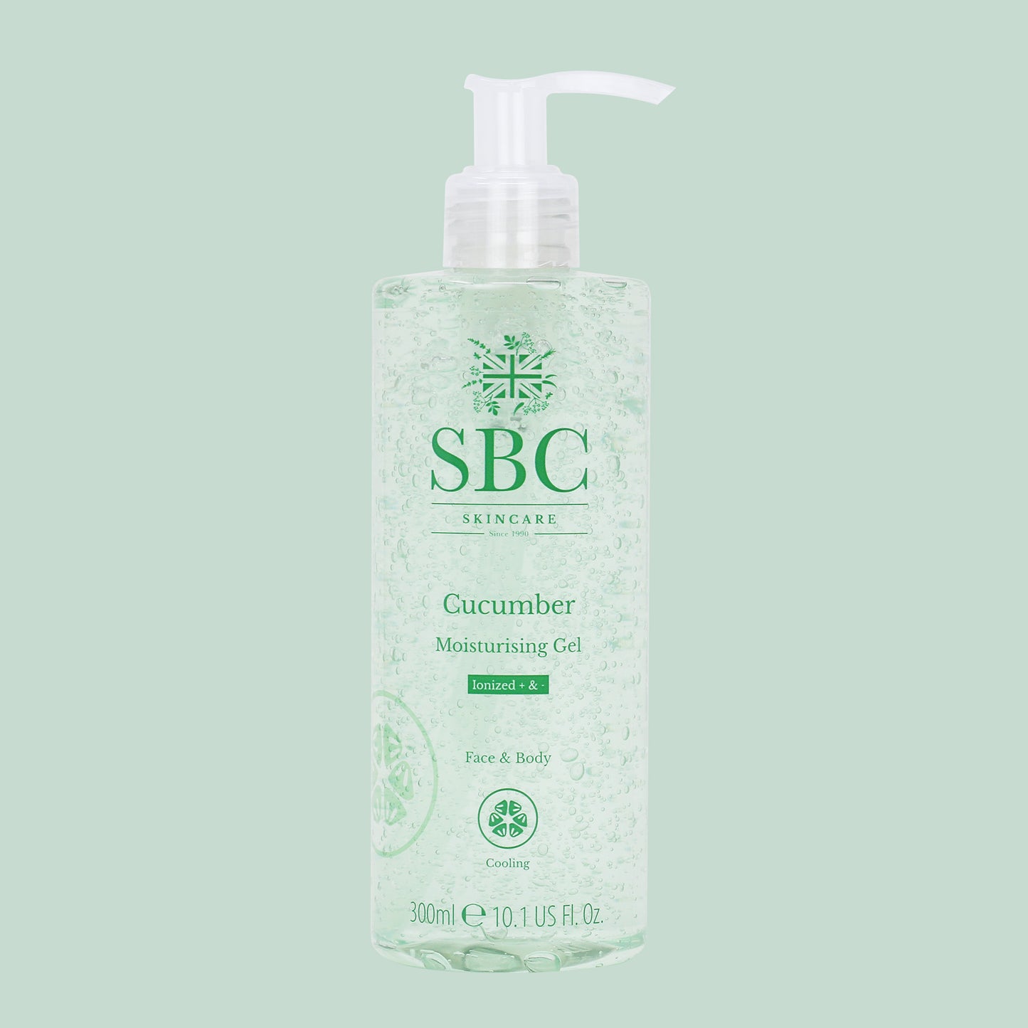 SBC Skincare's Cucumber Moisturising Gel on a pale green background 