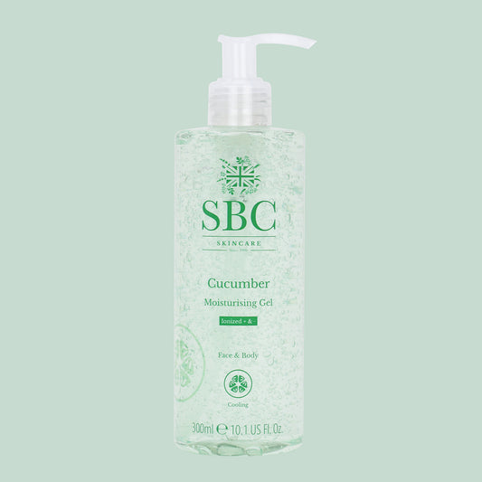 SBC Skincare's Cucumber Moisturising Gel on a pale green background 